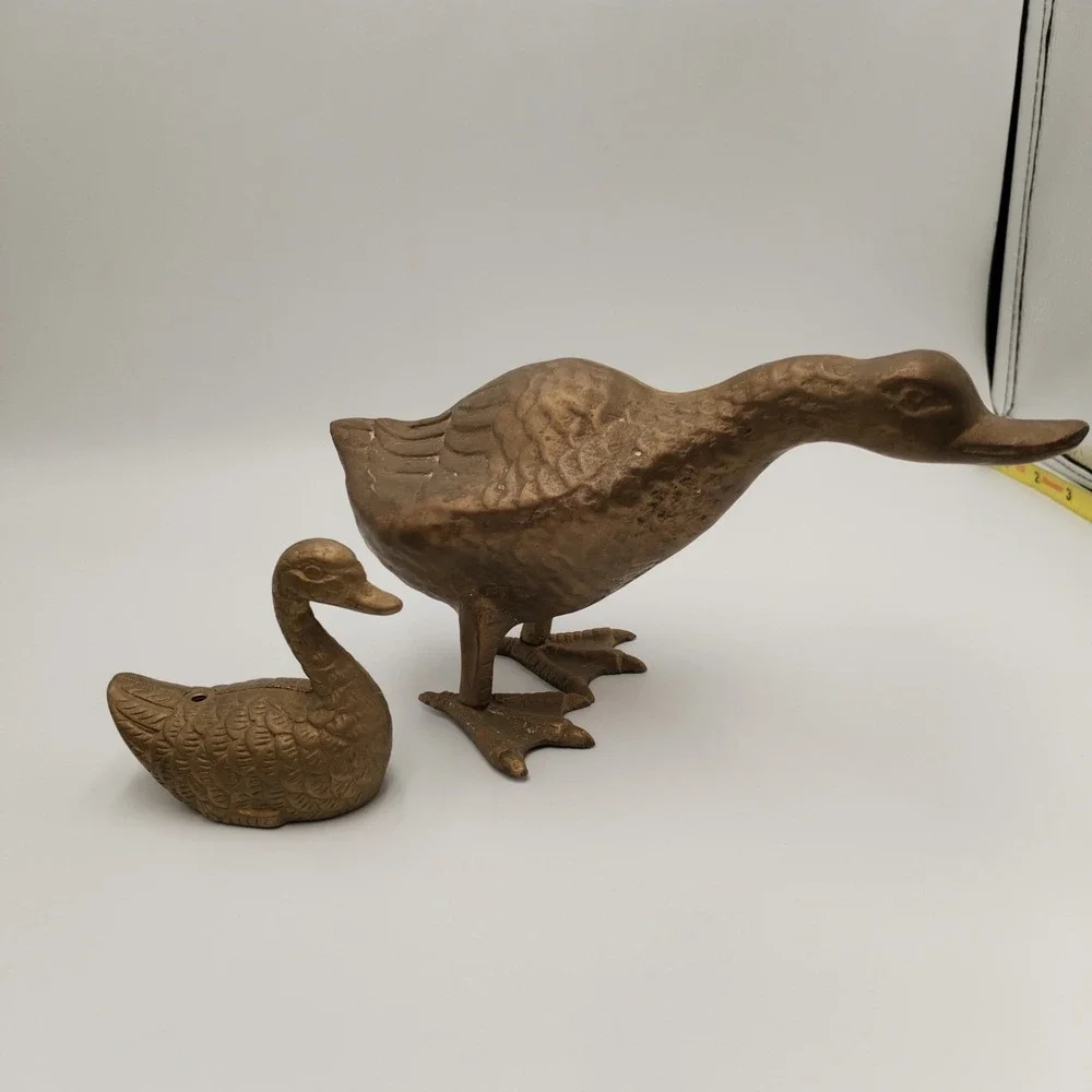 Vintage Brass Duck Figurine Set Standing Goose Duckling Heavy Metal Decor 2 Pc
